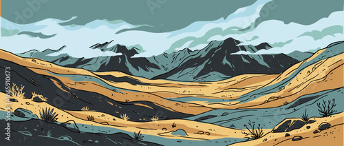 Stylized vector illustration of a desert landscape with rolling sandy hills, distant mountains, and a cloudy sky in a graphic novel art style with a muted color palette