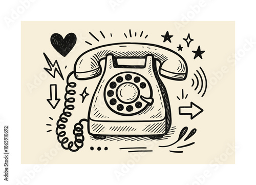 Retro Phone Doodle. Retro tech. Hand-drawn doodle illustration Retro tech old phone, rotary dial, handset, buttons, spark lines, arrows, coiled cord, sound