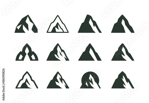 Giant Icons Collection. Tales of giants. Icon set. Set Logo of Tales of giants: towering mountain silhouette. harmonious logo variations of the same emblematic