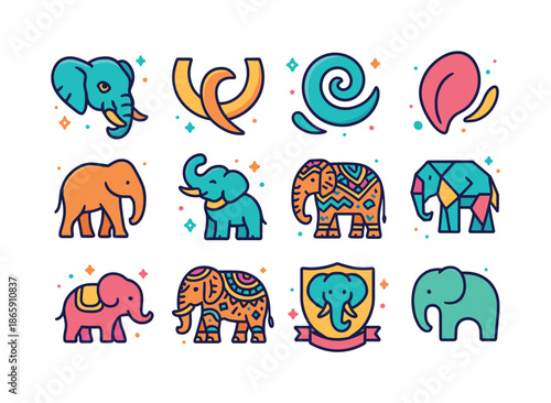 Colorful Elephant Icons. Elephant Symbols. Colorful isometric vector icons set of Elephant Symbols: elephant head icon, tusk emblem, trunk swirl, ear shape,