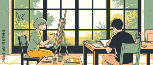 Two young artists painting and drawing together in a sunlit studio, a calm and creative scene captured in a modern, clean line art illustration style with a warm palette
