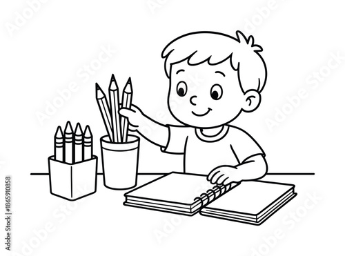 Colorful Supplies Organizer. Organizing supplies children?s coloring book illustration, outlined drawing, child placing pencils, notebooks, and crayons into