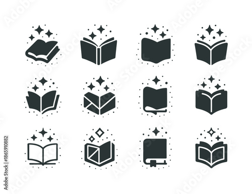 Magical Tome Icons. Dusty tome. Icon set. Set Logo of Dusty tome: magical aura book. harmonious logo variations of the same emblematic concept, each with