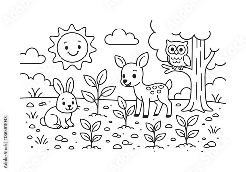 Tree Regrowth Coloring Page. Tree regrowth children?s coloring book illustration, outlined drawing, little saplings growing in a cleared area with smiling sun