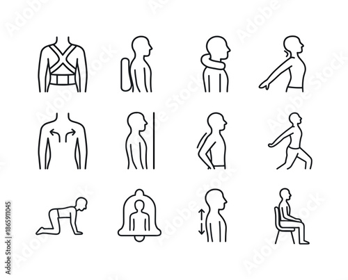 Posture Correction Icons. Postural correction. Line icon set of postural correction: posture brace, lumbar support pillow, neck support pillow, corrective