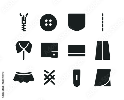 Clothing Icon Set. Clothing details. Solid icon set of clothing details: zipper, button, pocket, seam line, collar, cuff, hem, pleat, ruffle, stitch pattern,