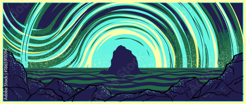 Graphic landscape illustration of a vibrant aurora borealis swirling in the night sky above a silhouetted sea stack and a tranquil, stylized ocean with a rocky shoreline