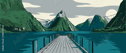 Scenic mountain fjord landscape illustration in a retro comic book style with a wooden pier leading across the calm blue water towards majestic snow-capped peaks