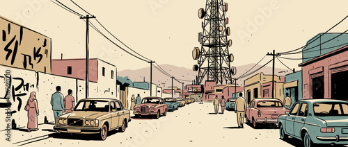 Bustling urban street scene illustration featuring vintage cars, pedestrians, and a large communication tower in a town with graphic line art and a retro color palette