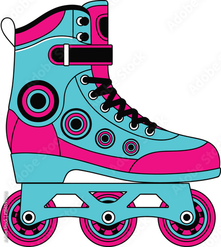 Colorful inline roller skate vector illustration with neon wheels modern sports footwear design isolated white background