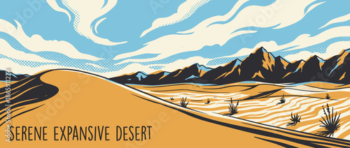 Stylized desert landscape illustration featuring vast orange sand dunes, a distant mountain range, and a blue sky with halftone clouds in a retro graphic art style