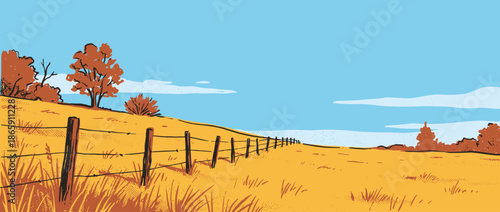 Rustic farm fence illustration stretching across a golden autumn field with rolling hills and orange trees in a peaceful, hand-drawn retro comic book style