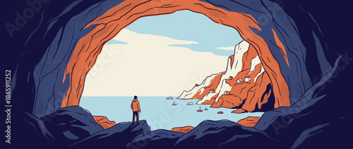 Lone traveler in an orange jacket stands on a rocky ledge inside a dark cave, looking out at a scenic coastal village with cliffs, houses, and boats on a calm blue sea