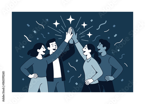 Team Victory Celebration. Joint celebration. Team high-fiving under a burst of glowing stars; confetti-like shapes drifting. Dynamic lines capturing shared