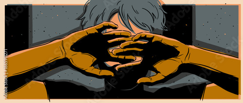 Desperate person with grey hair covering their face with their hands, showing signs of mental anguish and emotional pain in a stark graphic novel illustration