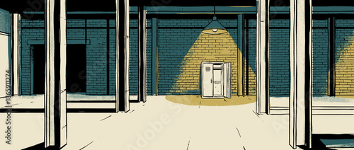 Open metal locker stands illuminated by a single hanging lamp in a dark, empty industrial room, illustrated in a gritty, high-contrast film noir comic book style