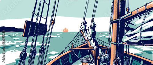 Vintage wooden sailing ship's deck view with detailed rigging navigating a cold, icy sea with another vessel on the horizon in a bold, graphic illustration style