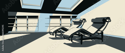 Two modern ergonomic chaise lounge chairs sit in a sunlit minimalist room with skylights, a graphic illustration featuring high contrast shadows and a serene, tranquil atmosphere