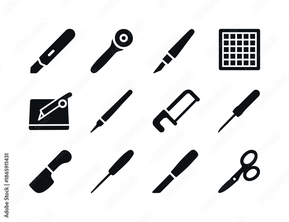 Fototapeta premium Craft Cutting Tools Icons. Craft cutting tools. Solid icon set of Craft cutting tools: craft knife, rotary cutter, precision blade, cutting mat icon, paper