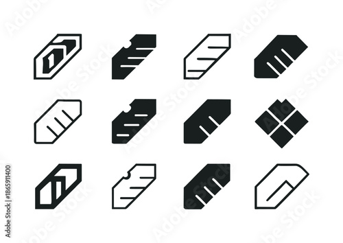 Sharp Tools Icons. Sharp tools. Icon set. Set Logo of sharp tools: box cutter blade. harmonious logo variations of the same emblematic concept, each with