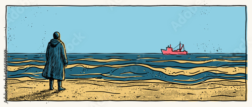 Solitary person in a dark raincoat stands on a sandy beach watching a red fishing boat on the calm sea in a retro comic book style illustration with a pensive mood