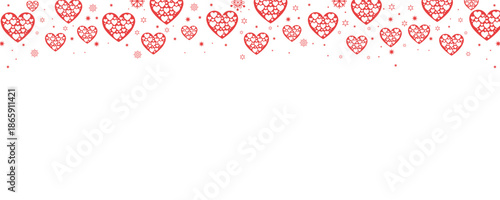 Vibrant seamless horizontal border of pink and red hearts with sparkling snowflakes and stars on transparent background. Perfect for Valentine's Day, romantic designs, love cards, invitations.