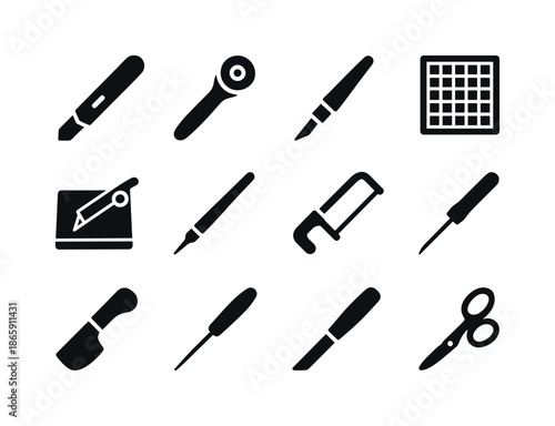 Craft Cutting Tools Icons. Craft cutting tools. Solid icon set of Craft cutting tools: craft knife, rotary cutter, precision blade, cutting mat icon, paper