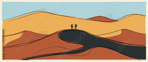 Two silhouetted hikers with backpacks and poles stand atop a vast, rolling sand dune in a stylized desert landscape illustration with a retro, minimalist aesthetic