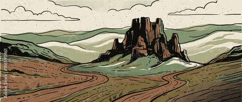 Hand-drawn desert landscape illustration with a prominent butte rock formation, rolling hills, and a winding road in a vintage comic book style with halftone textures