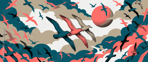Flock of stylized illustrated seagulls flying together in a dynamic, colorful sky with a retro halftone sun and graphic clouds in a panoramic composition