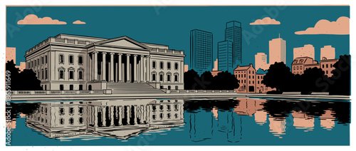 Classical government building with columns and a grand staircase is reflected in water with a city skyline in a retro comic book style illustration