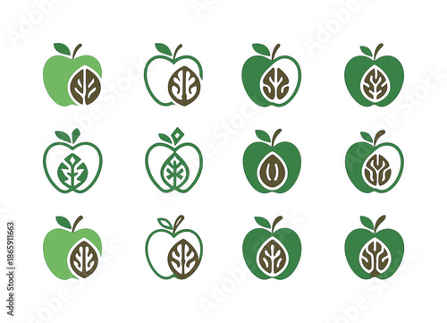 Charoset Logo Variations. Charoset Mixture. Icon set. Set Logo of Charoset Mixture: apple slice and nut combined emblem. harmonious logo variations of the same