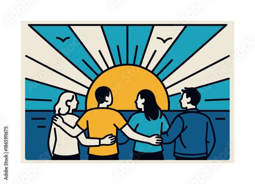 Dawn of New Beginnings. Friendships and life transitions ? new beginnings. A group of friends stands before a sunrise; geometric rays and birds highlight hope