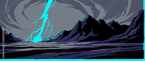 Powerful cyan lightning bolt strikes a dark mountain range in a dramatic comic book style illustration with moody, swirling clouds during an epic and intense night storm