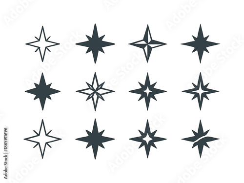 Polaris Icon Set. Polaris. Icon set. Set Logo of Polaris: directional star compass. harmonious logo variations of the same emblematic concept, each with