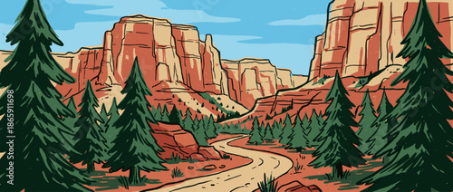 Hand-drawn illustration of a winding road traveling through a scenic red rock canyon surrounded by a dense green pine forest under a clear blue sky on a sunny day