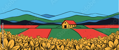 Vibrant comic book style landscape illustration of a rustic farmhouse nestled among colorful patchwork fields with rolling green mountains and a bright blue sky