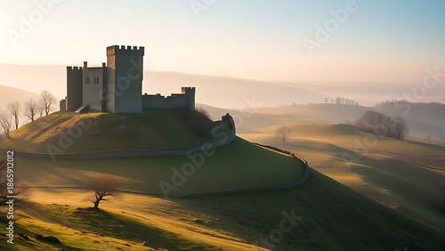 epic. Medieval stone castle on misty hills surrounded by forests and walls. real-estate listings, architecture portfolios, designed for real-estate listing and luxury residence showcases.