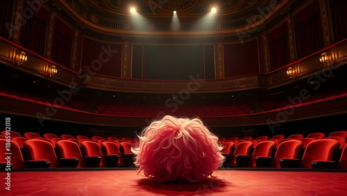 wig. An empty comedy theater with velvet seats and a single oversized wig on stage. event programs, museum guides, designed for cultural heritage projects and event programs, used by web designers.