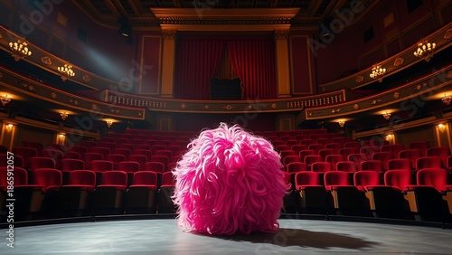 wig. An empty comedy theater with velvet seats and a single oversized wig on stage. event programs, museum guides, designed for cultural heritage projects and event programs, used by web designers.