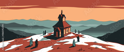 Stylized illustration of a remote wooden church on a snowy mountain peak with mysterious cloaked figures gathering for a pilgrimage under a dramatic orange sky
