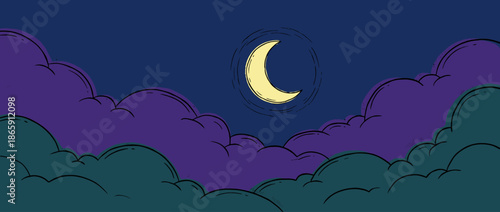 Hand-drawn cartoon crescent moon shines brightly in a dark blue night sky above layers of purple and teal clouds in a serene, dreamy, and mystical comic book style illustration