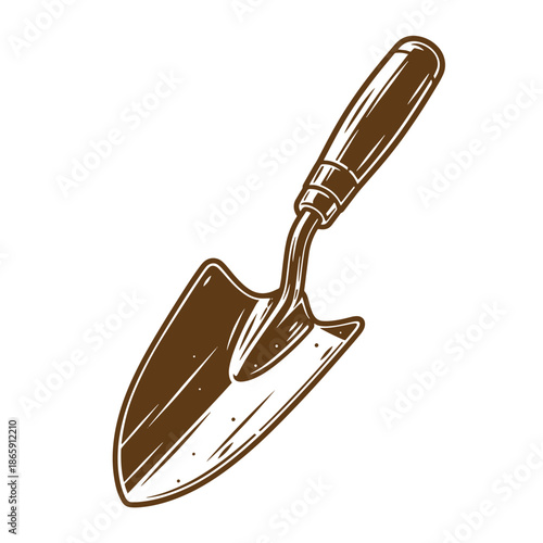 Brown garden trowel with handle on white background for planting and digging  gardening tool