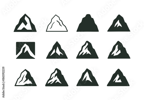 Giant Icons Collection. Tales of giants. Icon set. Set Logo of Tales of giants: towering mountain silhouette. harmonious logo variations of the same emblematic
