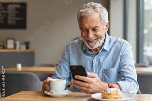 Senior man using smartphone in cafe