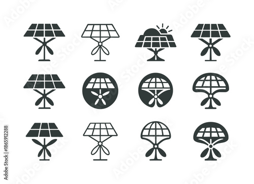 Solar Punk Icons. Solar punk architecture fans. Icon set. Set Logo of Solar punk architecture: solar panel canopy. harmonious logo variations of the same