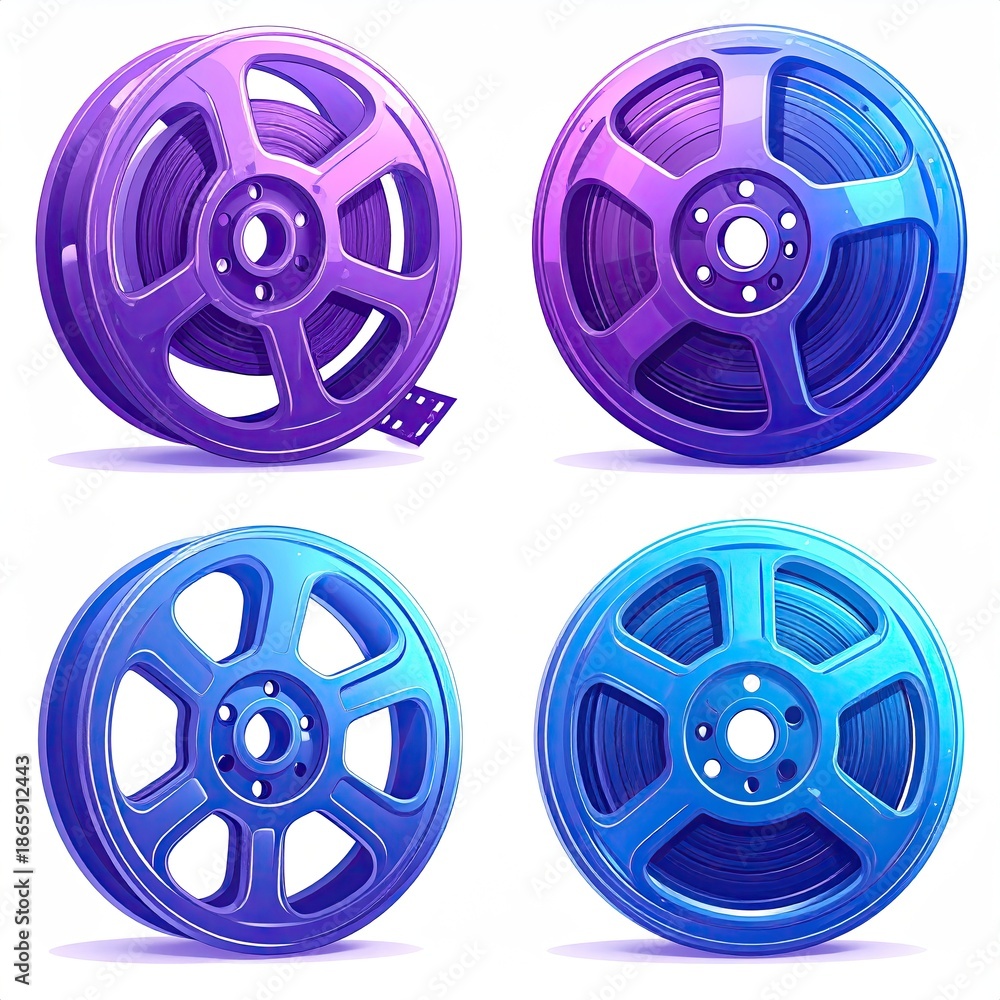 Fototapeta premium Four vibrant, stylized film reels in gradient colors