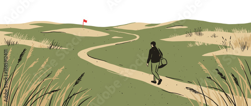Lone golfer with a bag walks along a winding path on a hilly links-style course in a minimalist, hand-drawn vector illustration with a limited color palette