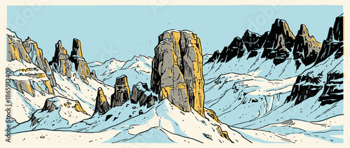 Snowy mountain range with rugged rocky peaks illustrated in a bold comic book style, showing a majestic winter landscape with dramatic sunlight and deep shadows