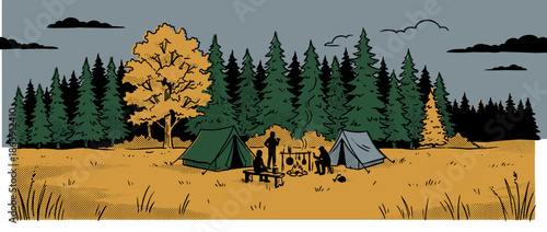 Campsite illustration with three people cooking over a campfire next to tents in an autumn forest clearing, depicted in a retro comic book style with halftone dots